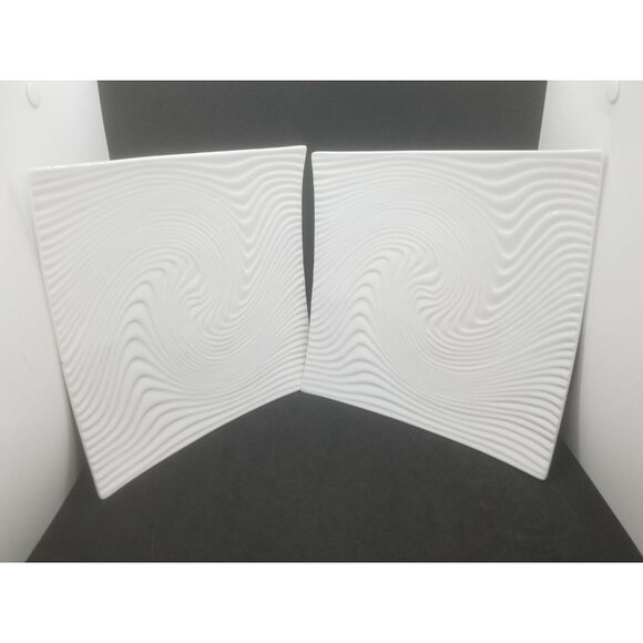 Bianco Nero Wave Square Serving Platters Embossed Swirl Ceramic Set of Two - Picture 1 of 5